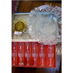 (3) Piece Lot Including 1. Mikasa crystal bowl,(6) Champagne flutes & Amber glass chamber pot