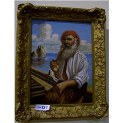 Vintage oil on canvas painting. Fisherman w/ Pipe nicely framed 16T x 11 W