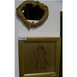 (2) Piece  Art Lot including wood Heart shapped mirror w/ figures forming into kiss & Gold signd Lit