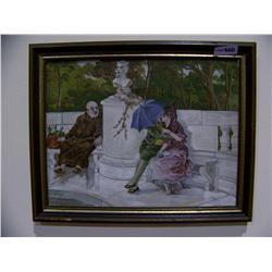 Antique oil painting signed E. Froest of Lovers Kissing in Park w/ Friar looking on.16.5 T x 21 W