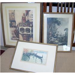 (3) Piece Antique etching & engraving lot. All framed, 1. signed, all hand colored