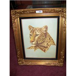Vintage Oil on canvas w/ Gilt frame signed Evans "Portrait of a Leopard"