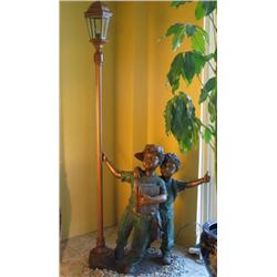 Pescara Bronze Two Boys With A Lamp Pole Sculpture