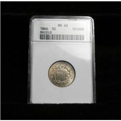 ANACS 1866 Shield Nickel Graded ms62