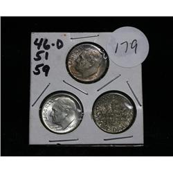Private consignment - This lot is 3 Roosevelt dimes, 1946-d, 1951-p, 1959-p
