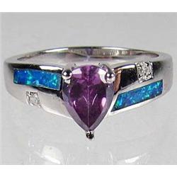 STERLING SILVER AMETHYST BLUE FIRE OPAL AND WHITE TOPAZ LADIES RING - SZ. 9