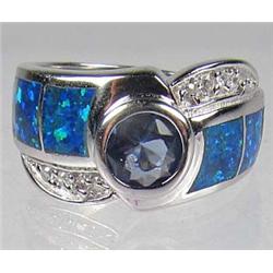 STERLING SILVER TANZANITE BLUE FIRE OPAL & WHITE TOPAZ LADIES RING - SZ. 8