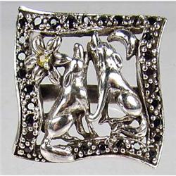 STERLING SILVER BLACK & GREEN TOPAZ WOLF RING - SZ. 5.75