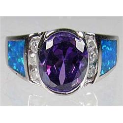 STERLING SILVER AMETHYST BLUE FIRE OPAL AND WHITE TOPAZ LADIES RING - SZ. 7.75