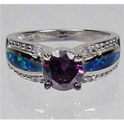 STERLING SILVER AMETHYST BLUE FIRE OPAL AND WHITE TOPAZ LADIES RING - SZ. 8