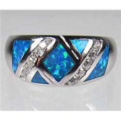 STERLING SILVER BLUE FIRE OPAL & WHITE TOPAZ LADIES RING - SZ. 8.5