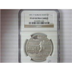 1991-P KOREAN SILVER DOLLAR NGC PF69 ULTRA CAMEO