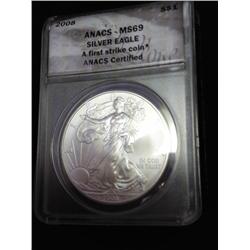 2008 AMERICAN SILVER EAGLE ANACS MS69 1ST STRIKE