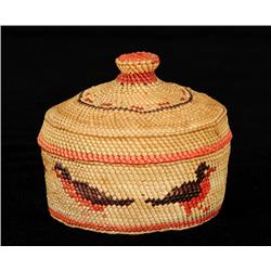 Nuu-chah-nulth Knob Top Basket with Robin Design 3 1/8" D. 2 3/4" H.  Good Condition