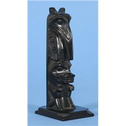 Rufus Moody Argillite Totem Carved with Raven and Bear 4 3/4" H. Good Condition