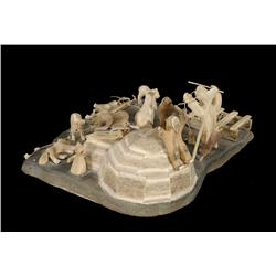 Inuit Scene with Carved Antler Igloo, Sled Dogs, Hunter and Family 9" L. 8" W. by Doug Klengenburg -