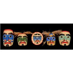 Five Miniature Carved Yellow Cedar Mask by Vern Etzerza 4" - 5" H.  Good Condition