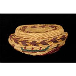 Nuu-chah-nulth Basketry Covered Abalone Shell with Lid - Bird and Canoe Design 4 1/4" L. 2" H.  Fine
