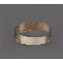 Dwayne Simeon Silver Bracelet with Frog, Man and Raven Design 6 1/2" L. 1/2" W.  Fine Condition