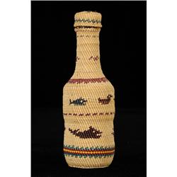 Nuu-chah-nulth Basketry Covered Bottle Finely Woven with Bird and Whale Design 4 3/4" H.  Fine Condi