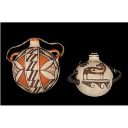 Zuni Pottery Water Canteen with Deer and Waterbirds 5" D. Good Condition and Acoma Pottery Water Can