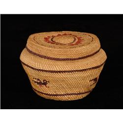 Makah Lidded Basket with Bird Motif 6 1/2" D. 4 1/4" H.  Good Condition