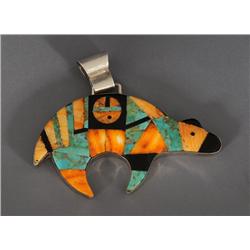 Southwest Silver Bear Pendant Inlaid with Turquoise and Hardstone 3 1/2" L. 2" H.  Fine Condition