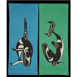 Two Bill Reid Silk Screen Street Banner with Killer Whale Design 32"x 76"  Good Condition
