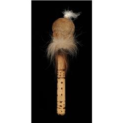 Rawhide and Wood Rattle From Western Alberta 12" H.  Good Condition NOT ALLOWED TO SHIP OUT OF CANAD