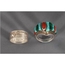 Norman Cross Silver Killer Whale Ring and a Hearvy Silver Ring with Turquoise, Coral and Malachite  