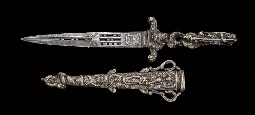 Fancy French figural dagger, approx. 8-3/8” long with a 5” double edged ...