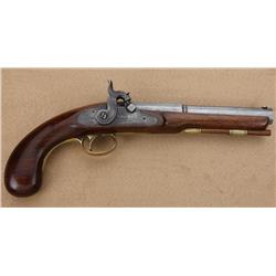 Kentucky style percussion full stocked single  shot pistol, lock plate marked “W. H.  Barnes, Boston
