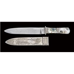 Modern California style dress dirk by Hansen  cutlery with fancy engraved silver mounts,  abalone sc