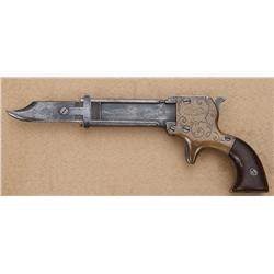 Marston three barreled knife pistol, .22  cal., 3” barrels, engraved brass frame, iron  barrel assem