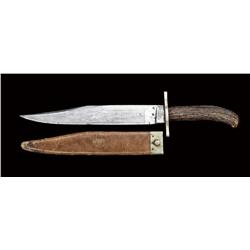 Large clip point Bowie knife by Barnes and  Son Sheffield, with five etched blade and  original scab