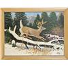 Image 1 : Original oil painting on canvas featuring a  young buck jumping over fallen tree in snow  (early hun