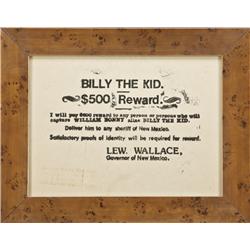 Framed poster announcing “BILLY THE KID. $500  Reward, I will pay $500 reward to any person  or pers