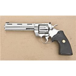 Colt Python Model DA revolver, .357 Magnum  cal., 6” ventilated rib barrel, nickel  finish, checkere