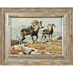 Original oil painting on board entitled Stone  Sheep by Ken Carlson, 14”h by 18-1/2”w,  nicely frame