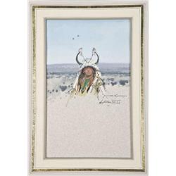 Original gouache by Michael Coleman  portraying American Indian in fancy  headdress, transposed onto
