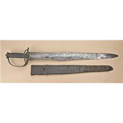 Early cutlass, probably American, measuring  27-1/2” overall with 22-1/2” flared blade,  iron guard,