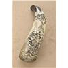 Image 1 : Ornately carved 19th century powderhorn from  Mexico showing high-relief carved Mexican  snake and e