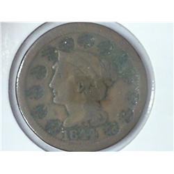 1844 US LARGE CENT OBVERSE IS COUNTER STAMP