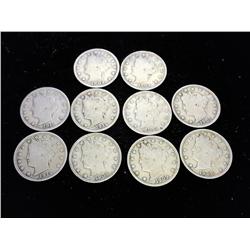 10 ASSORTED LIBERTY "V" NICKELS ALL (VERY GOOD)