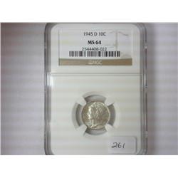 1945-D MERCURY DIME NGC MS64