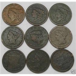 9 Different Large Cents - 1834-45