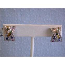 18k White Gold Clip On Earrings with Diamonds and Multi-colored Gemstones