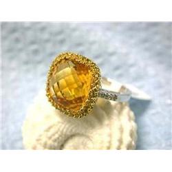 14k White Gold Citrine Ring with Diamond and Sapphire Accents