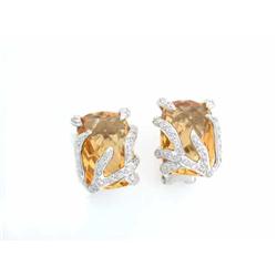 14k White Gold Clip On Earrings with Citrine and Diamond Accents