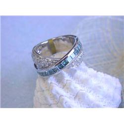 18k White Gold Ring with Round & Blue Diamonds